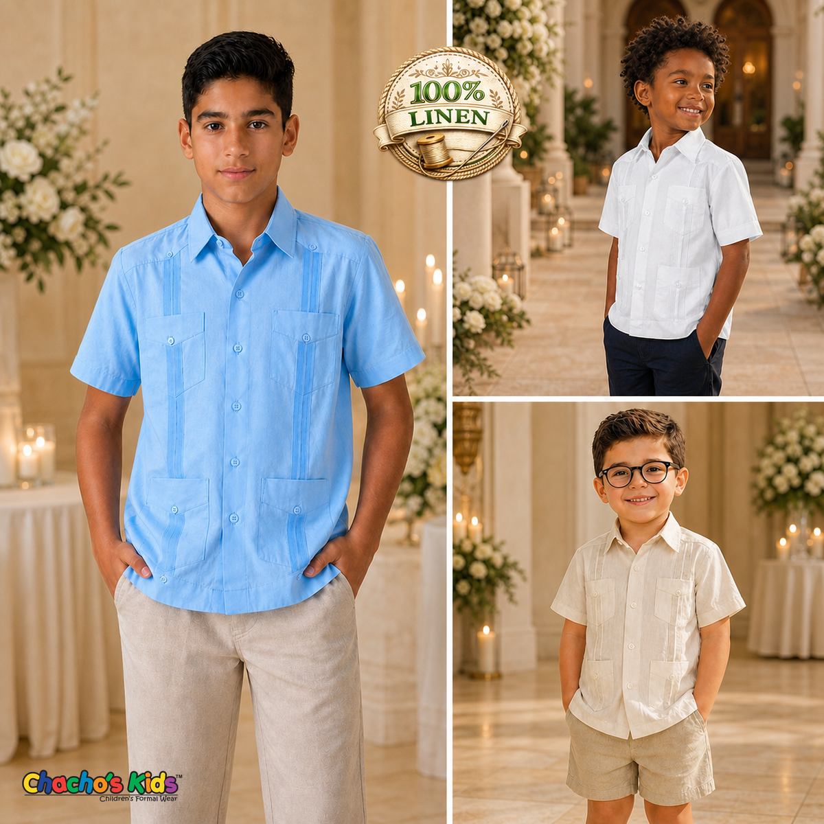 Boys classic 100% linen guayabera in light blue, white and champagne with four-pocket styling