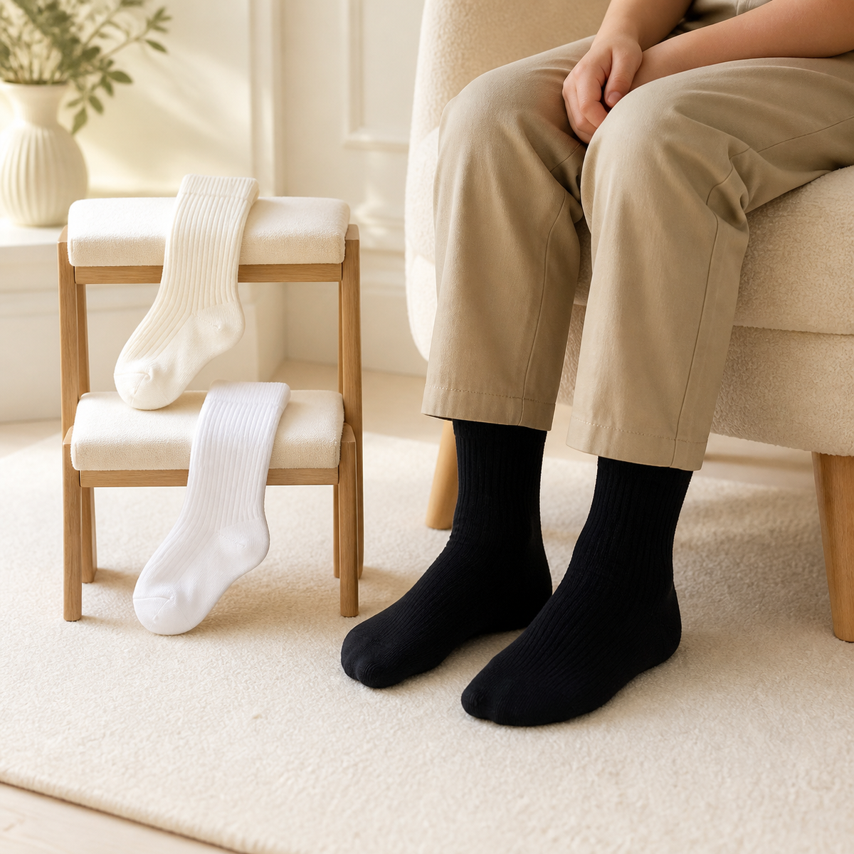 Boys dress socks in black, ivory, and white displayed in an elegant cream setting