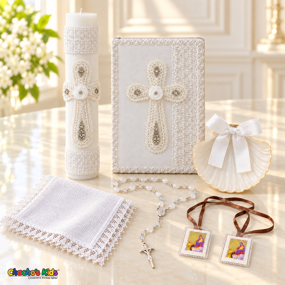 Boys Lace Cross Baptism Set with all six pieces