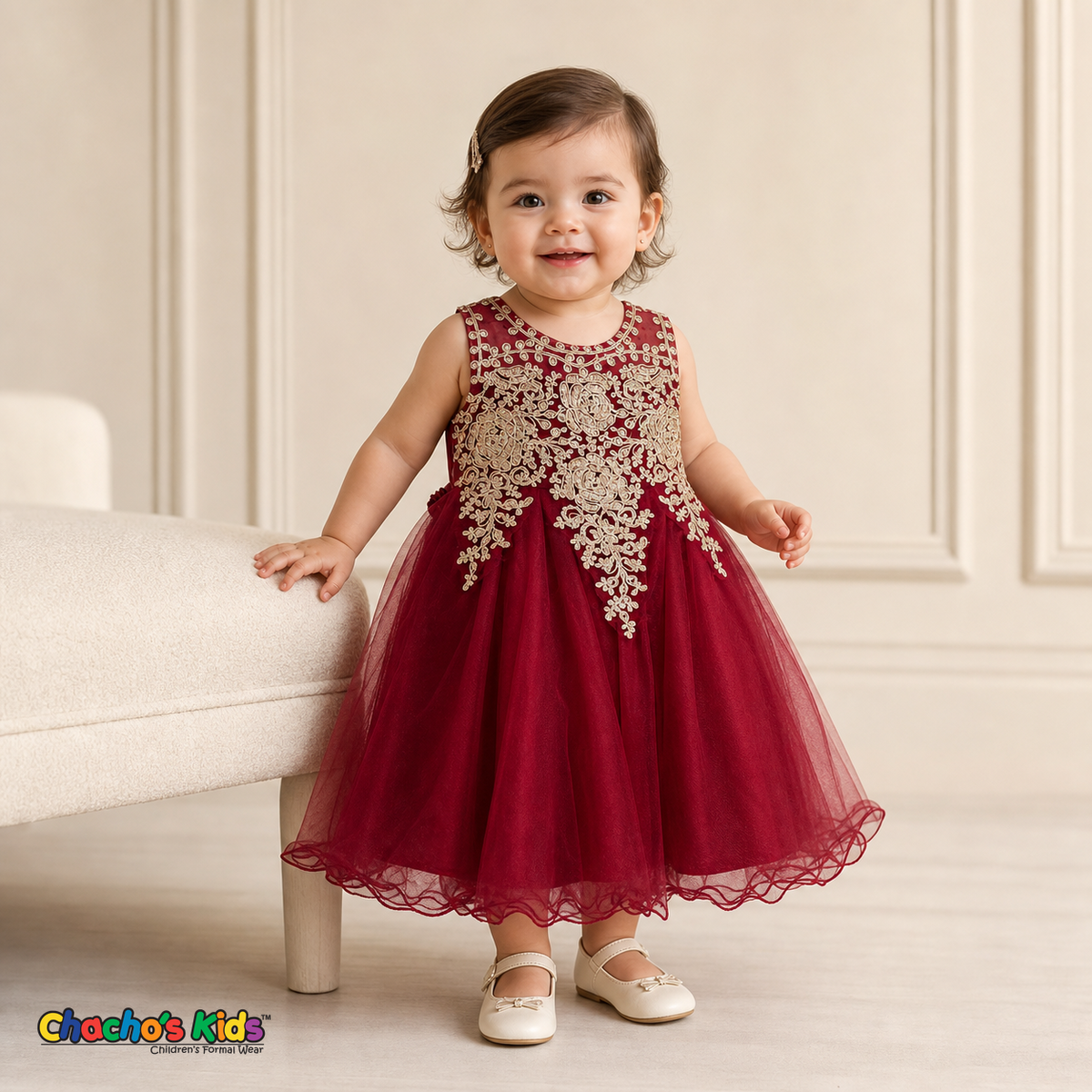 Baby wearing Burgundy Baby Embroidered Tulle Dress for weddings and parties, style 9004m - Chacho's Kids