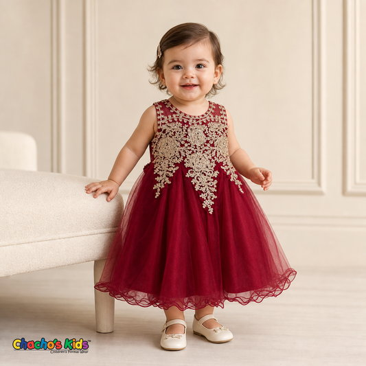 Baby wearing Burgundy Baby Embroidered Tulle Dress for weddings and parties, style 9004m - Chacho's Kids