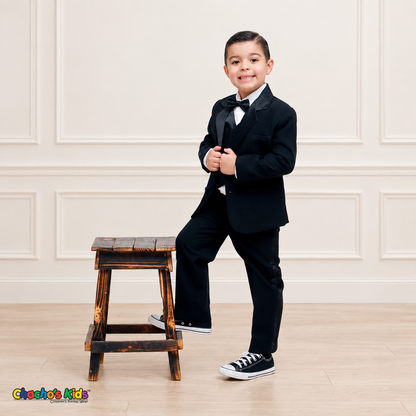 Boys Signature Tuxedo in Black (BY010), child model standing with one foot on a wooden stool, wearing a black tuxedo and bow tie.