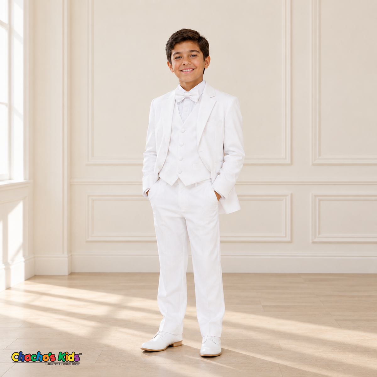 Boys Signature Tuxedo in White (BY010), front view with hands in pockets, white vest and bow tie.