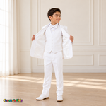 Boys Signature Tuxedo in White (BY010), open-jacket pose showing the white vest and satin lining.