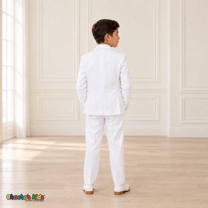 Boys Signature Tuxedo in White (BY010), back view showing the white tuxedo jacket and trousers.