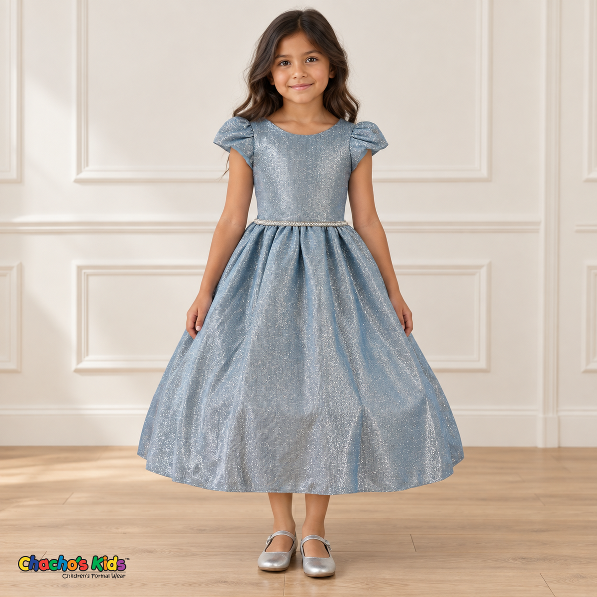 Front view of a girl wearing the light blue shimmer puff sleeve party dress, Style 444, with a jeweled waist and full gathered skirt.