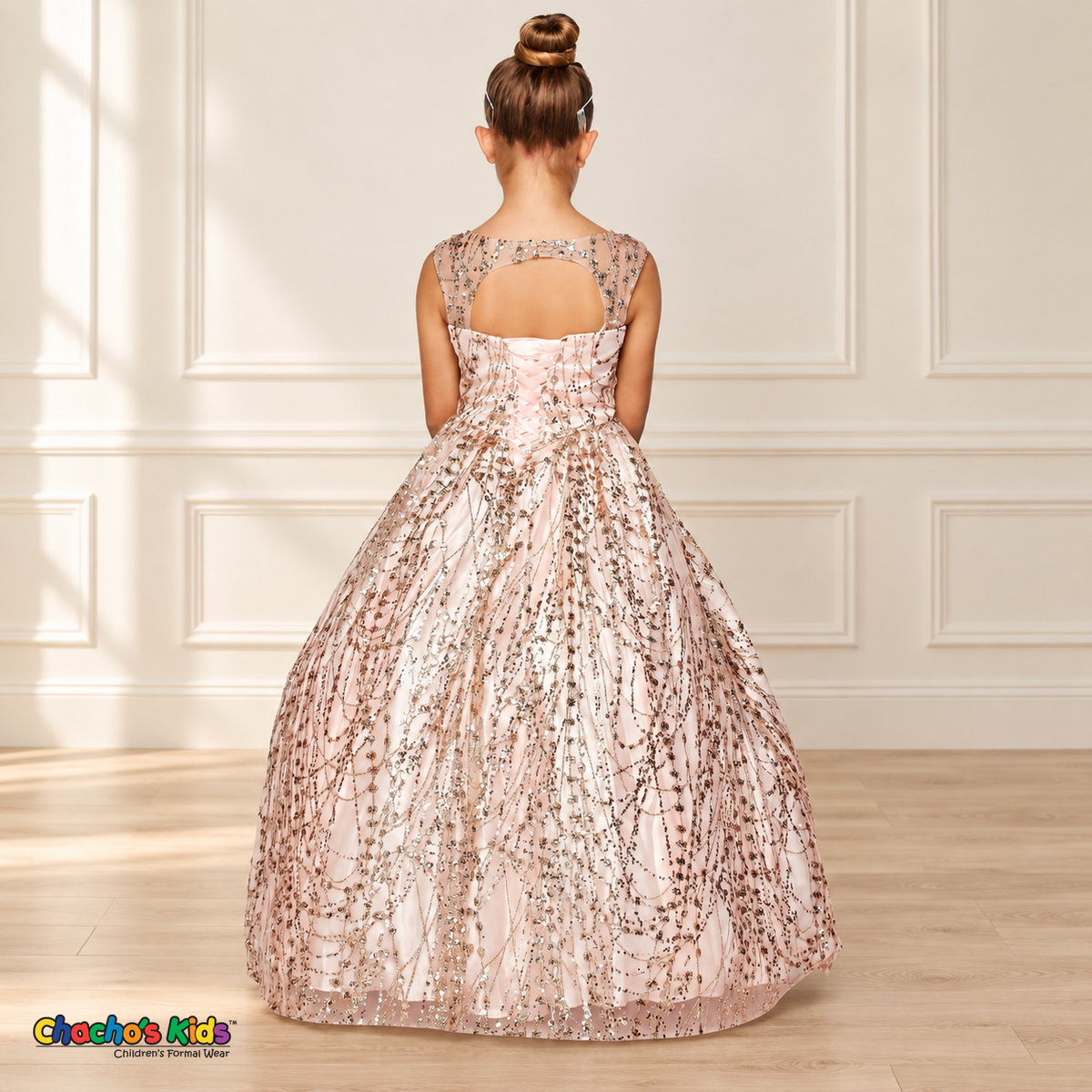 Back view of the Blush Glitter Sweetheart Ball Gown (8007), featuring a keyhole back and pale blush ribbon corset lacing.