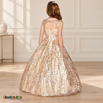 Back view of the Champagne Glitter Sweetheart Ball Gown (8007), showing the keyhole back and adjustable ribbon corset lacing.