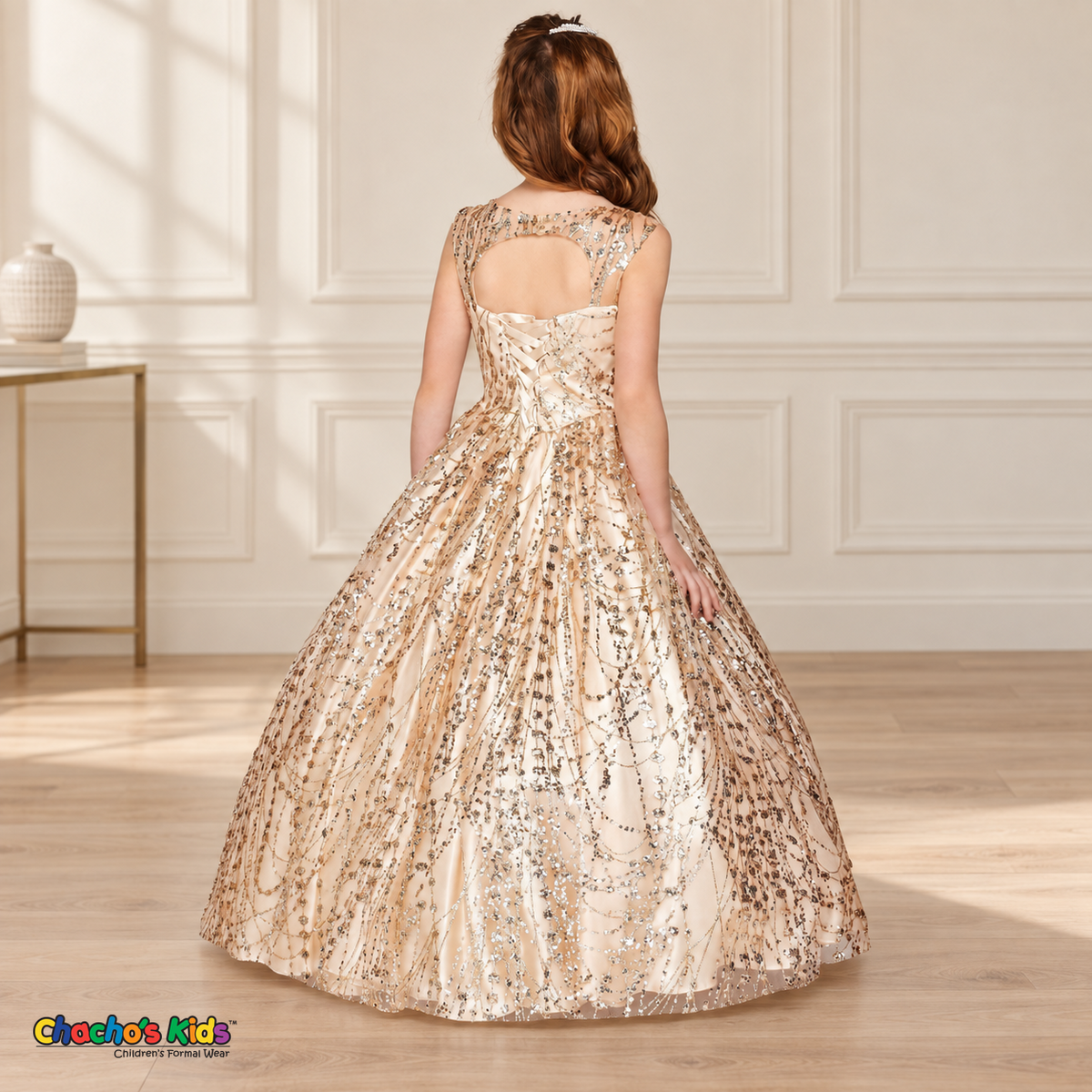 Back view of the Champagne Glitter Sweetheart Ball Gown (8007), showing the keyhole back and adjustable ribbon corset lacing.