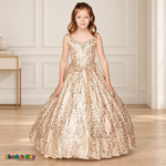 Girl wearing the Champagne Glitter Sweetheart Ball Gown (8007), showing floral sequins, jeweled waist and full floor-length skirt.