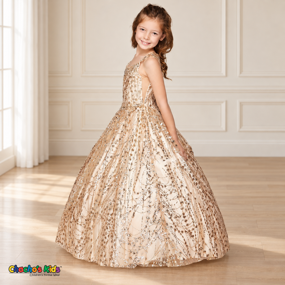 Side view of the Champagne Glitter Sweetheart Ball Gown (8007), showing embellished straps, mesh side panel and flowing tulle skirt.