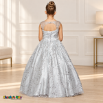 Back view of the Silver Glitter Sweetheart Ball Gown (8007), showing the keyhole back and adjustable silver ribbon corset.