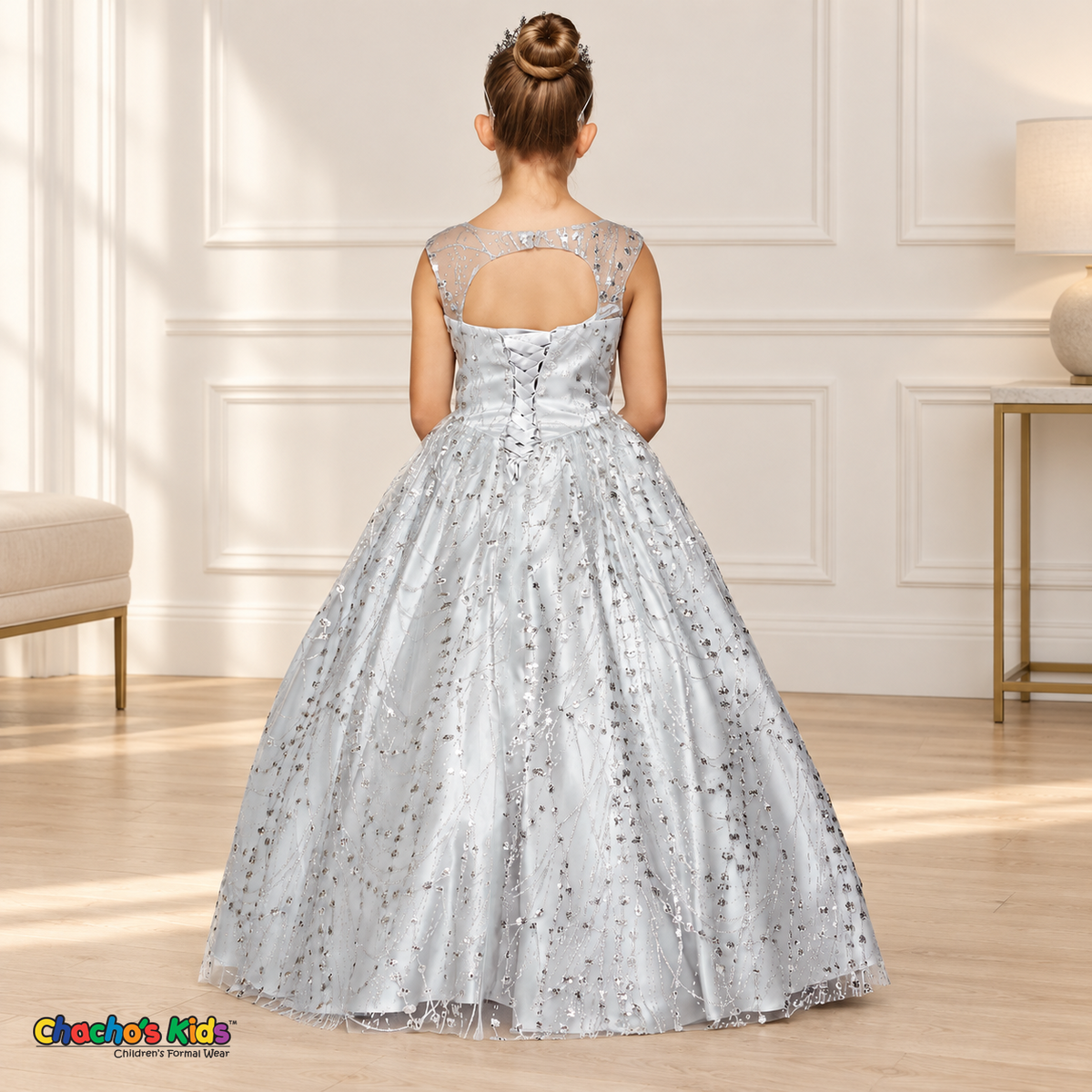 Back view of the Silver Glitter Sweetheart Ball Gown (8007), showing the keyhole back and adjustable silver ribbon corset.