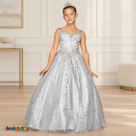Girl wearing the Silver Glitter Sweetheart Ball Gown (8007), with silver floral sequins, jeweled waist and a full floor-length skirt.