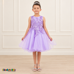 Front view of a girl wearing the lilac Style 9150 butterfly embroidered tulle dress with pearl accents and a curled hem.