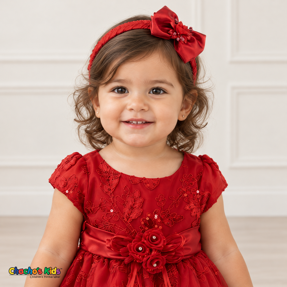 Baby girl wearing the Red Baby Floral Rosette Dress D-1664, matching bow headband and embroidered bodice detail.