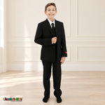 Black BJ4005 Executive boys suit on the existing child model, alternate full front view showing the coat, white shirt, black tie and matching trousers.