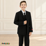 Black BJ4005 Executive boys suit on the existing child model, front detail view showing the notched lapels, button closure, pockets, white shirt and black tie.