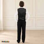 Black BJ4005 Executive boys suit on the existing child model without the coat, back view showing the vest's satin back, adjustment strap and buckle.