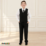 Black BJ4005 Executive boys suit on the existing child model without the coat, front view showing the four-button vest, white shirt, black tie and trousers.