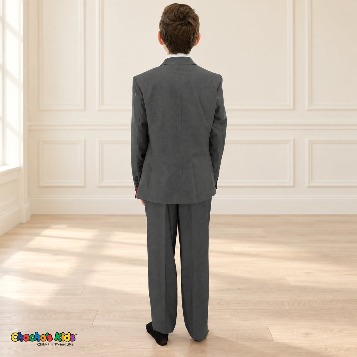 Charcoal Gray BJ4005 Premium Executive boys suit, coat back view showing the jacket and matching trousers.