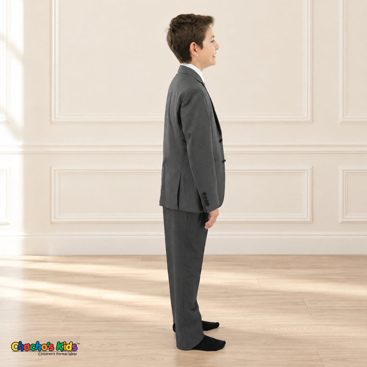 Charcoal Gray BJ4005 Premium Executive boys suit, coat right side view showing the jacket and matching trousers.