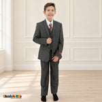 Charcoal Gray BJ4005 Premium Executive boys suit, front alternate view showing the coat and matching trousers with a white shirt.