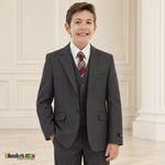 Charcoal Gray BJ4005 Premium Executive boys suit on the existing child model, front portrait with coat, vest, white shirt and red-and-gray plaid tie.