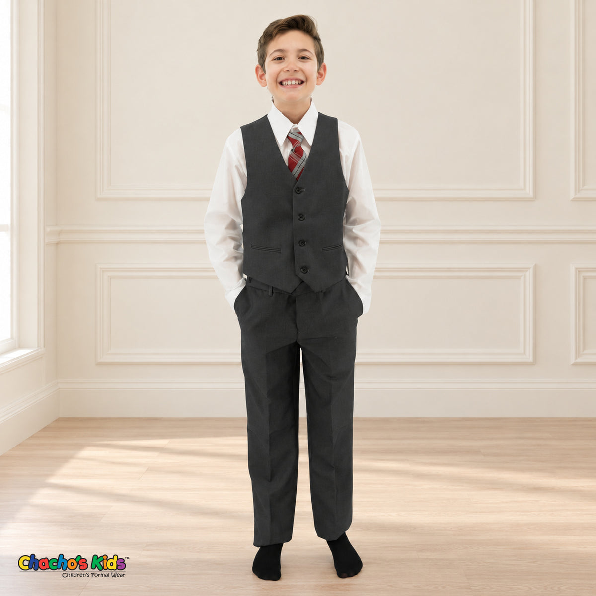 Charcoal Gray BJ4005 Premium Executive boys suit, vest front view showing the matching vest and trousers with a white shirt.