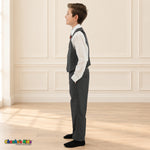 Charcoal Gray BJ4005 Premium Executive boys suit, vest left side view with matching trousers and white shirt.