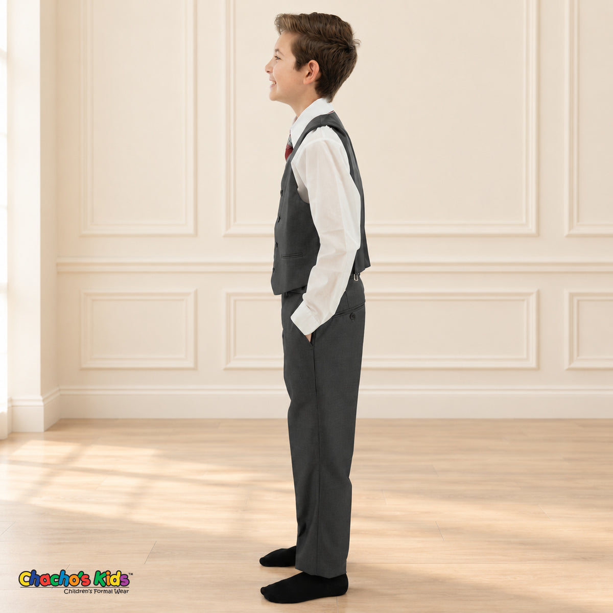 Charcoal Gray BJ4005 Premium Executive boys suit, vest left side view with matching trousers and white shirt.