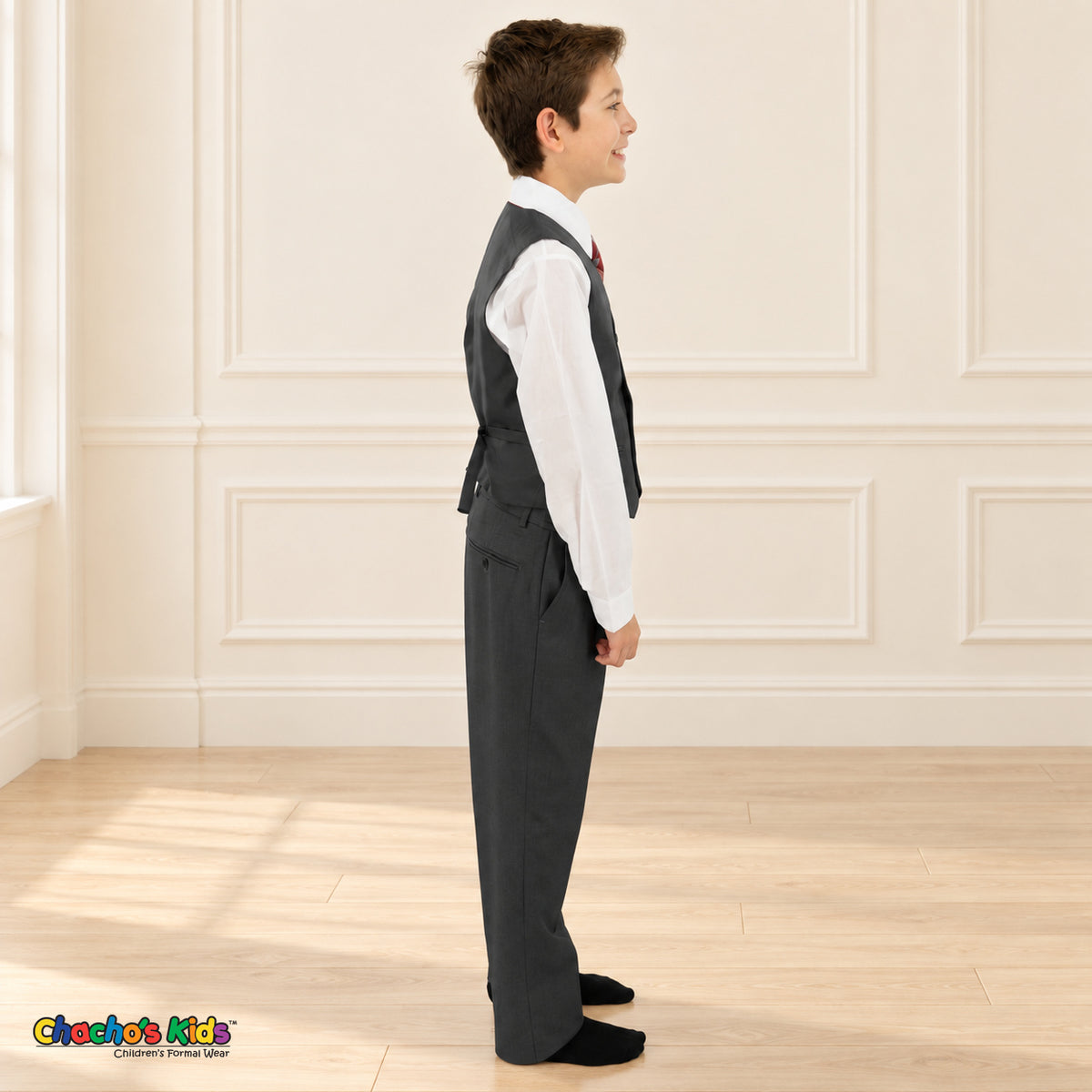 Charcoal Gray BJ4005 Premium Executive boys suit, vest right side view with matching trousers and white shirt.