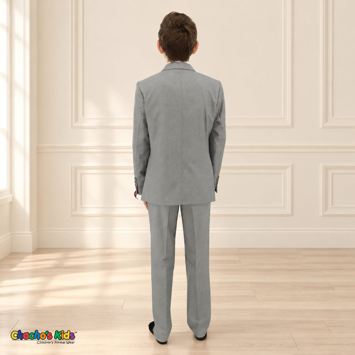 Gray BJ4005 Premium Executive boys suit, coat back view showing the jacket and matching trousers.