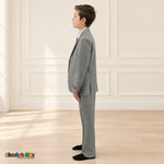 Gray BJ4005 Premium Executive boys suit, coat left side view showing the coat and matching trousers with a white shirt.
