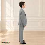 Gray BJ4005 Premium Executive boys suit, coat right side view showing the jacket and matching trousers.
