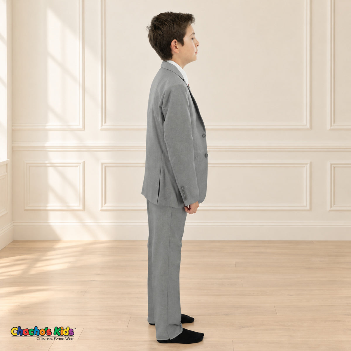 Gray BJ4005 Premium Executive boys suit, coat right side view showing the jacket and matching trousers.