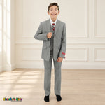 Gray BJ4005 Premium Executive boys suit, front alternate view, with matching coat and vest, white shirt and red-and-gray plaid tie.