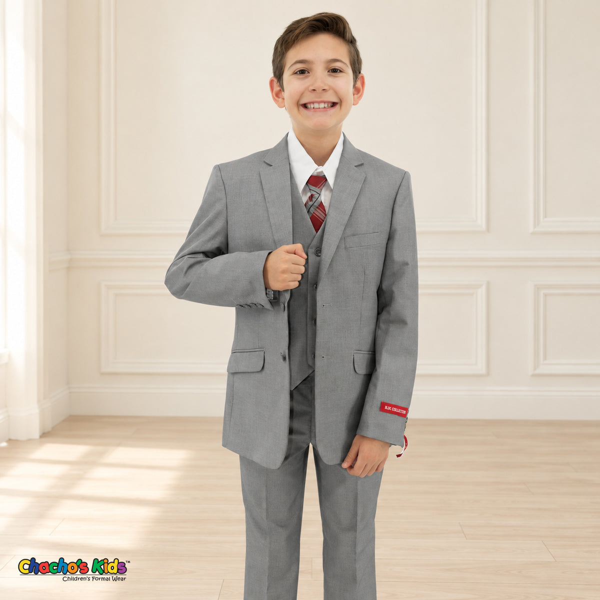 Gray BJ4005 Premium Executive boys suit, front detail view showing the coat and matching trousers with a white shirt.