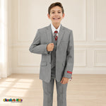 Gray BJ4005 Premium Executive boys suit, front detail view showing the coat and matching trousers with a white shirt.