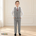 Gray BJ4005 Premium Executive boys suit, vest front view with matching trousers and white shirt.