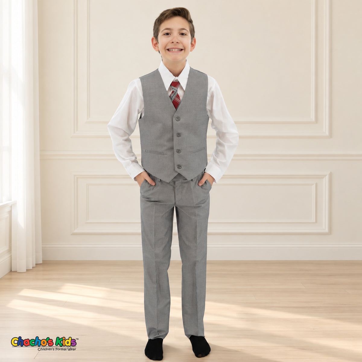 Gray BJ4005 Premium Executive boys suit, vest front view with matching trousers and white shirt.