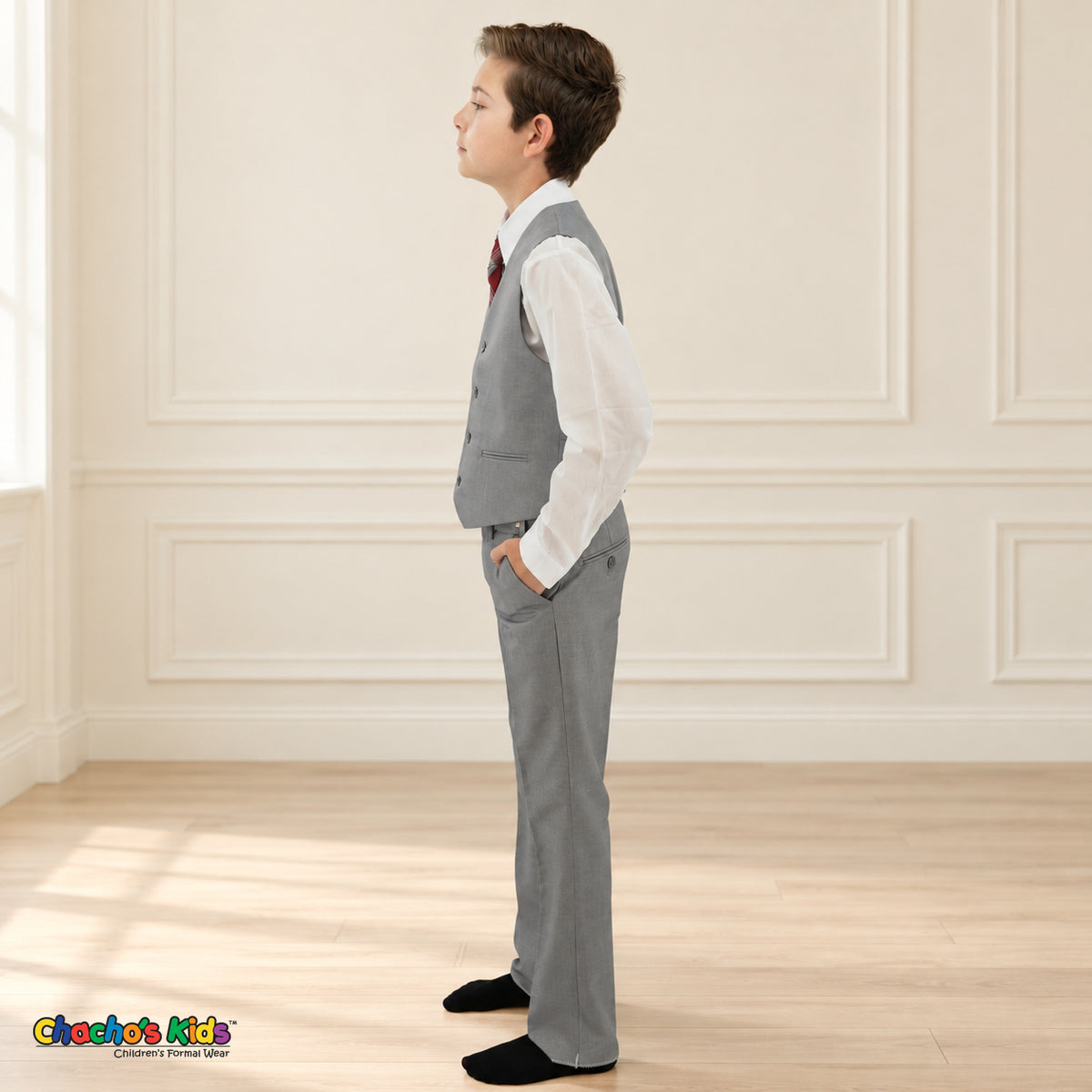 Gray BJ4005 Premium Executive boys suit, vest left side view showing the matching vest and trousers with a white shirt.