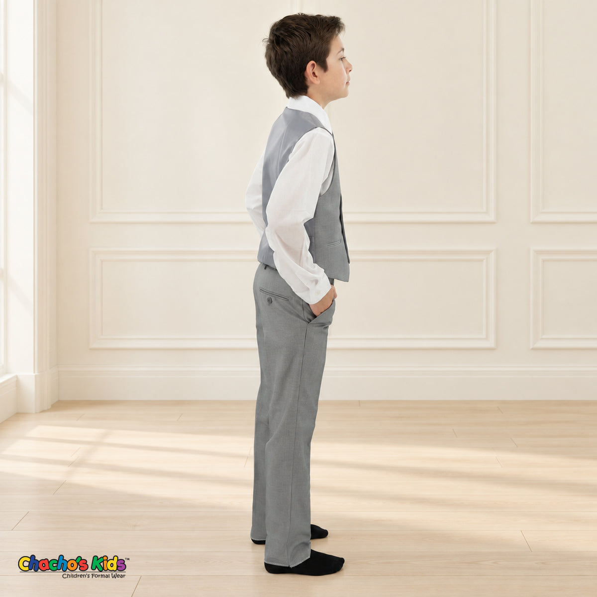 Gray BJ4005 Premium Executive boys suit, vest right side view with matching trousers and white shirt.