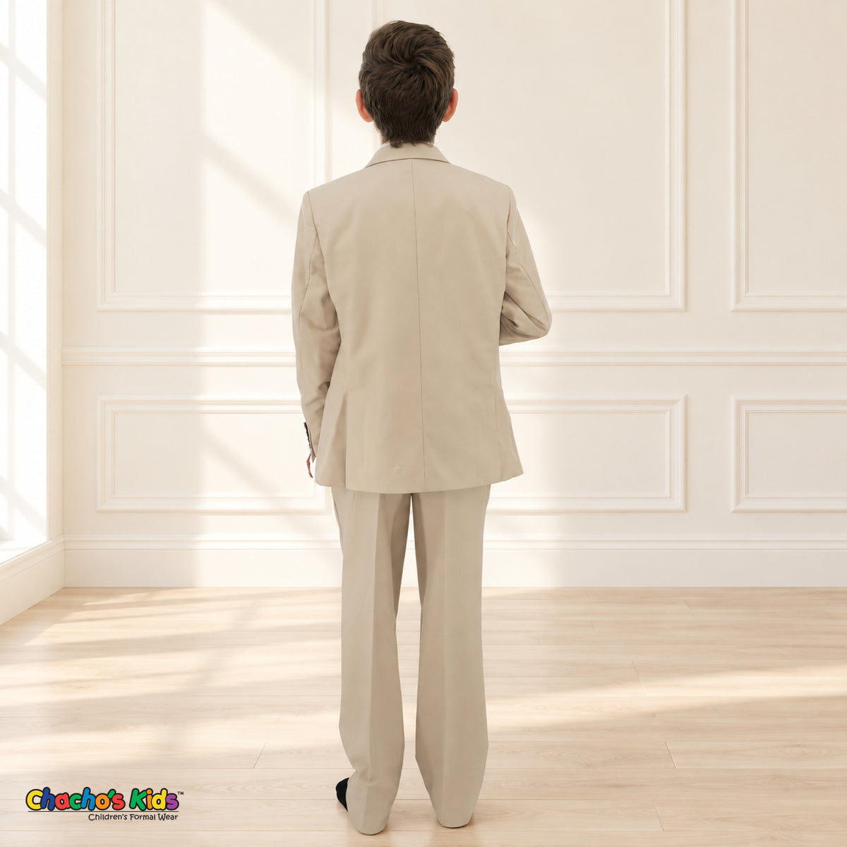 Khaki BJ4005 Premium Executive boys suit, coat back view showing the jacket and matching trousers.