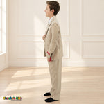 Khaki BJ4005 Premium Executive boys suit, coat left side view showing the jacket and matching trousers.