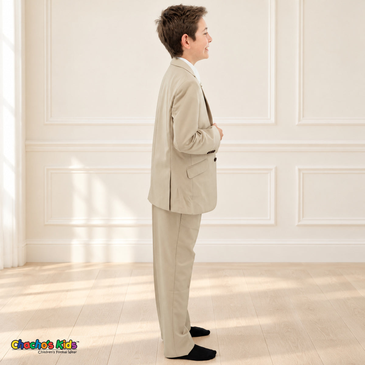 Khaki BJ4005 Premium Executive boys suit, coat right side view showing the jacket and matching trousers.