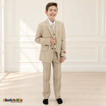 Khaki BJ4005 Premium Executive boys suit, front alternate view with matching coat and vest, white shirt and light dotted tie.