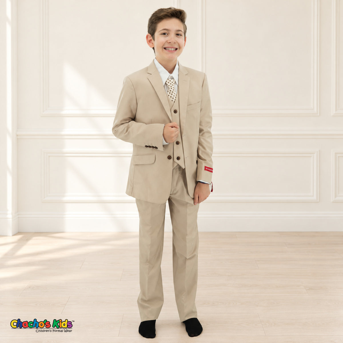 Khaki BJ4005 Premium Executive boys suit, front alternate view with matching coat and vest, white shirt and light dotted tie.
