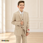 Khaki BJ4005 Premium Executive boys suit, front detail view with matching coat and vest, white shirt and light dotted tie.