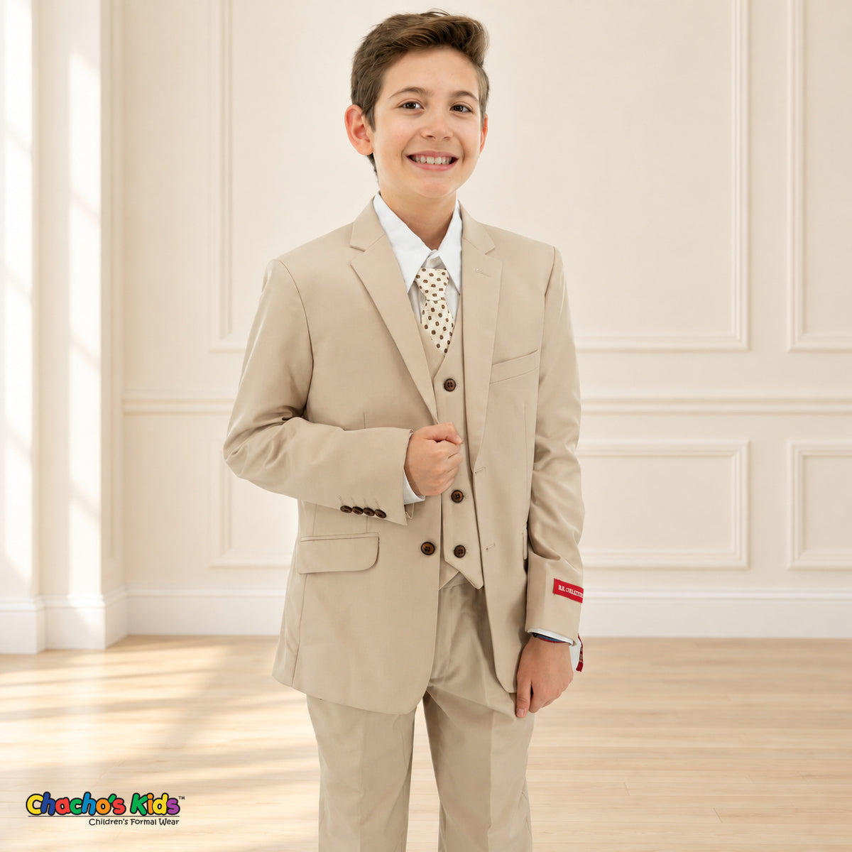 Khaki BJ4005 Premium Executive boys suit, front detail view with matching coat and vest, white shirt and light dotted tie.